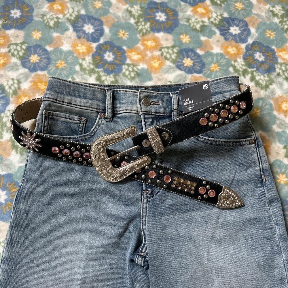 BHW Black and silver and pink leather and cow skin studded belt vintage y2k